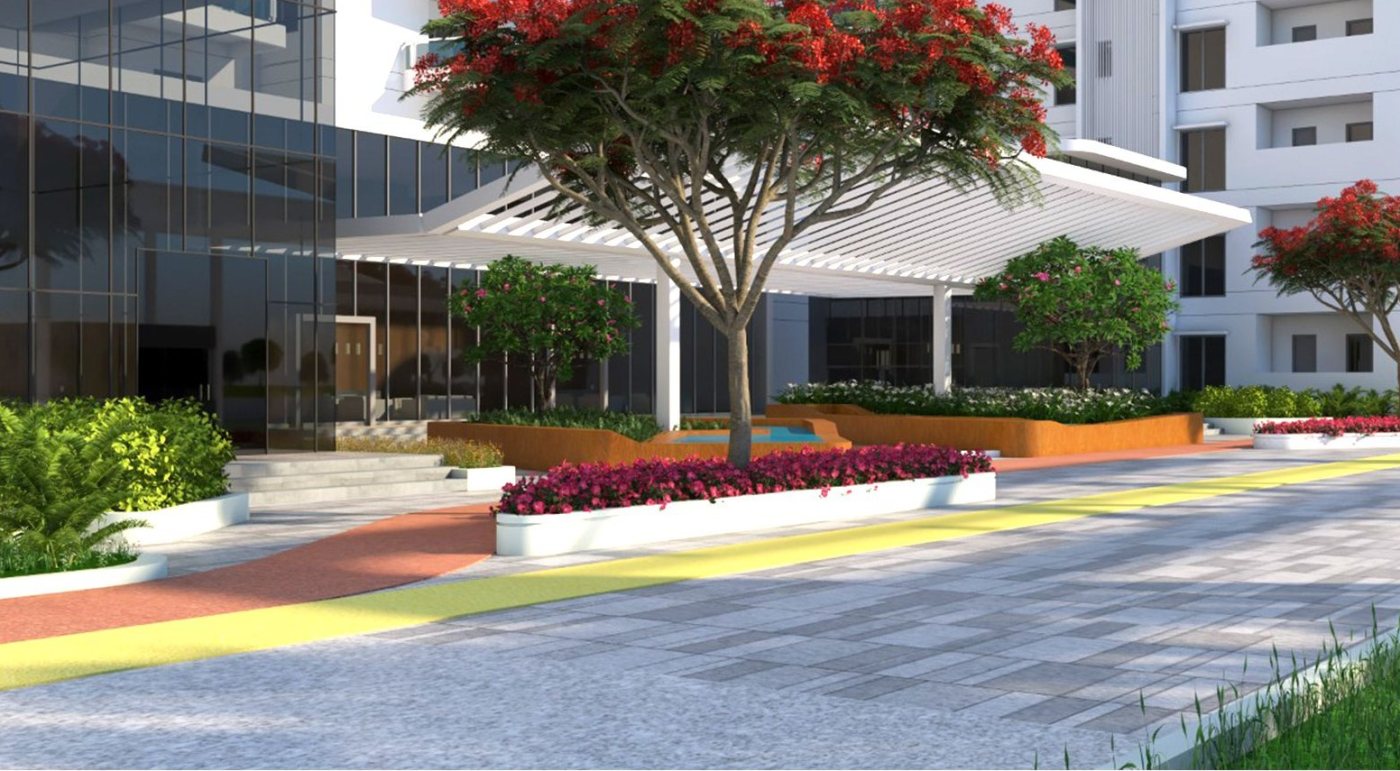 Tree-lined landscaped drop-off area
