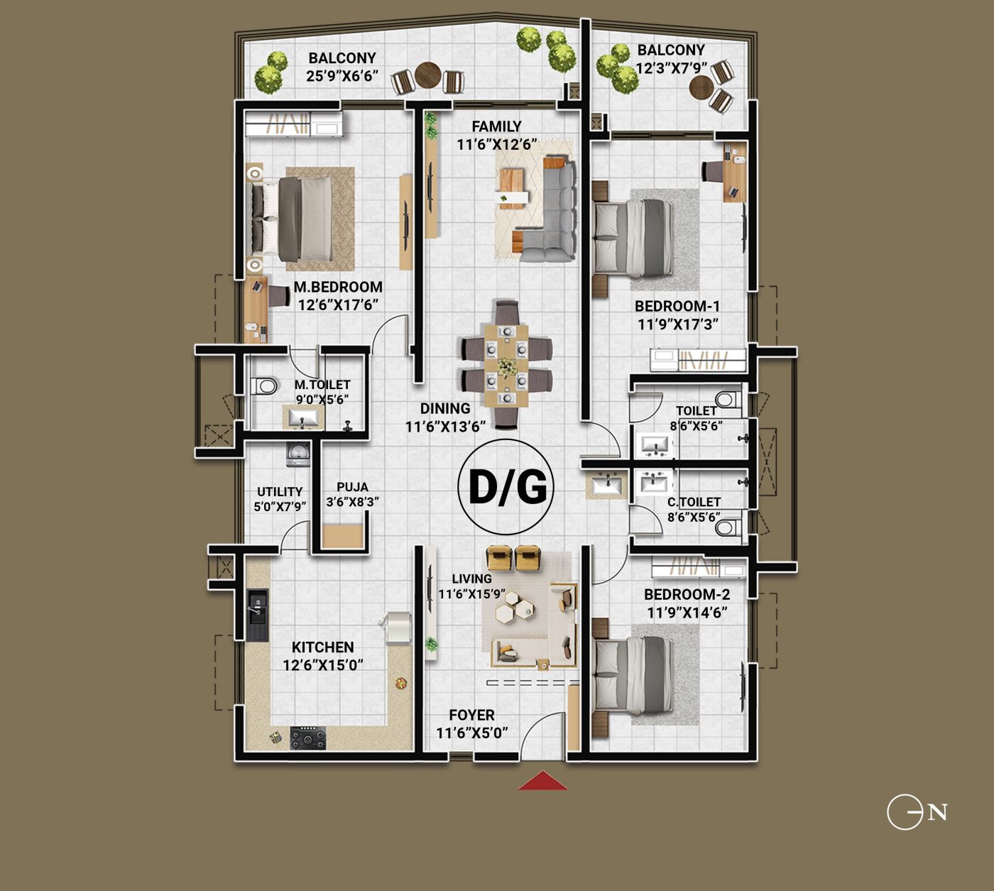 3 BHK east-facing floor plan, unit D/G