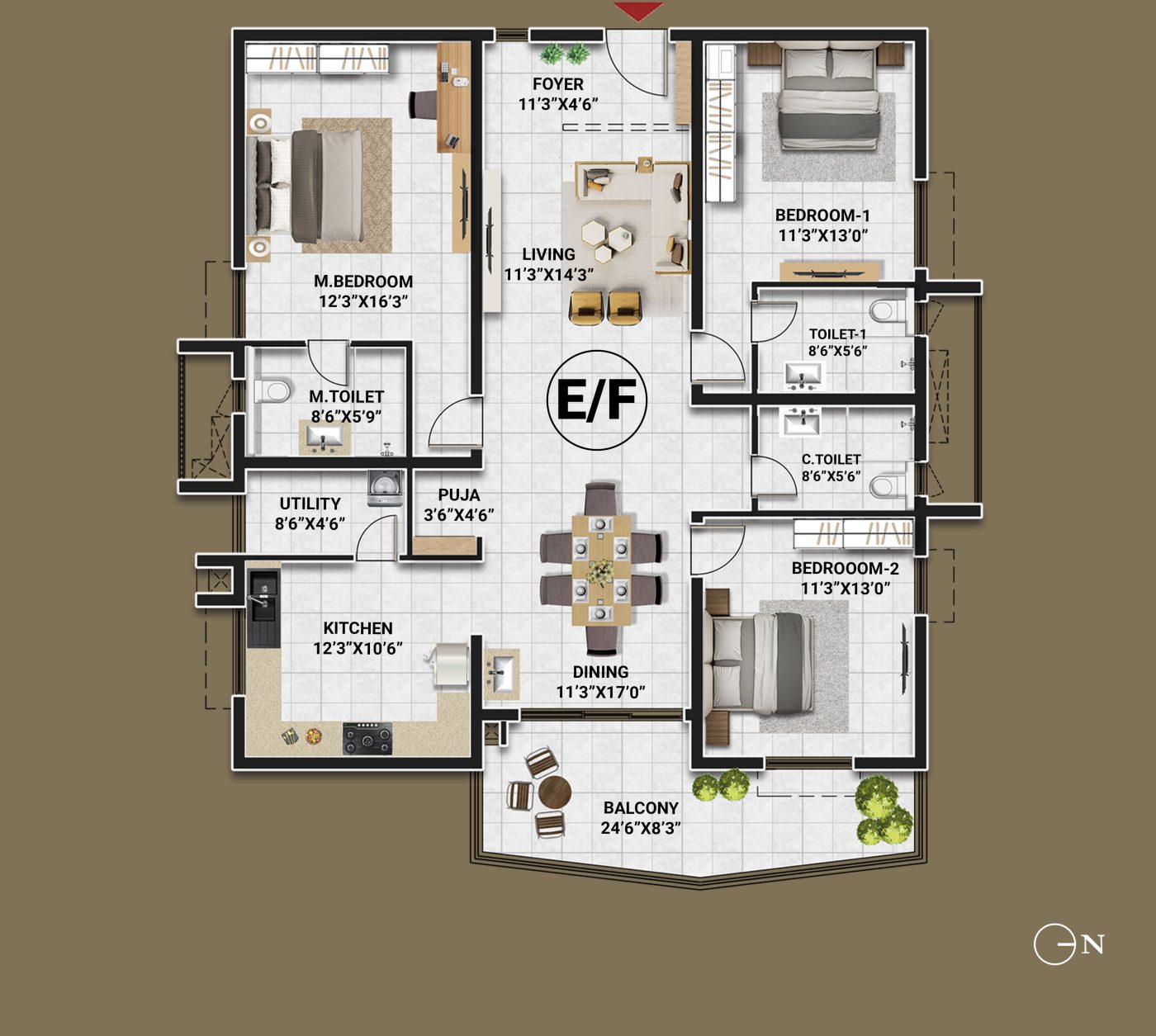 3 BHK west-facing floor plan, unit E/F
